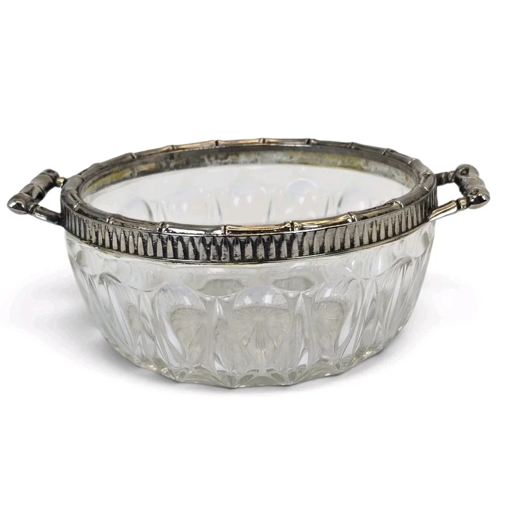 Vintage Reims France Cut Crystal Silverplate Bamboo Handle Serving Bowl